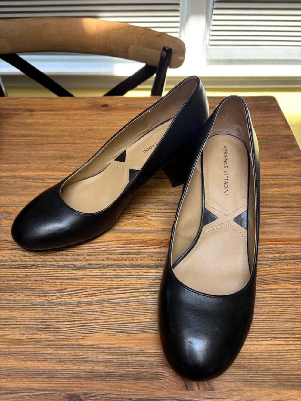 Adrienne Vittadini Black Leather Low Block Heel Pumps